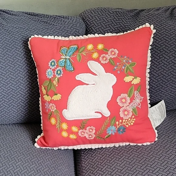 Embroidered Spring Bunny Pillow - Picture 1 of 7